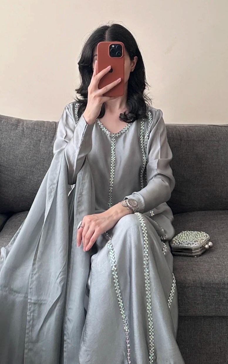 Grey Mirrorwork Silk Kameez Shalwar, Pakistani 3-Piece Outfit,Embellished Modest Fashion for Parties