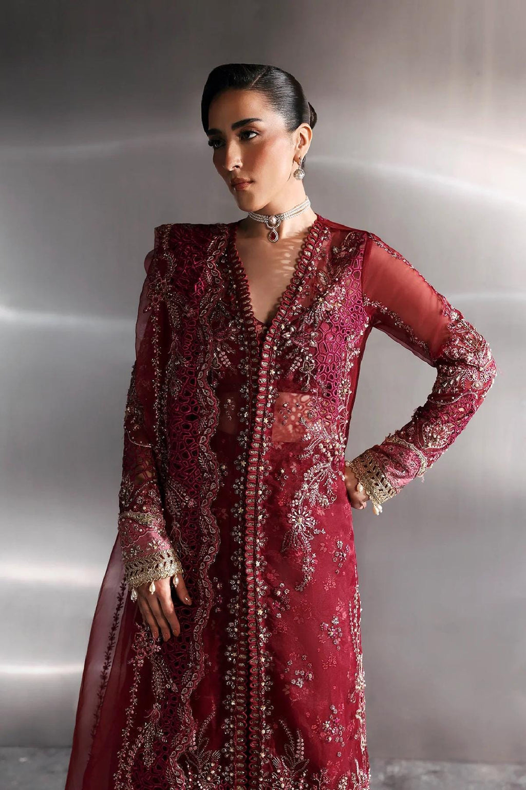 Embroidered Garnet Organza Pakistani Suit: 3-Piece Eid Outfit