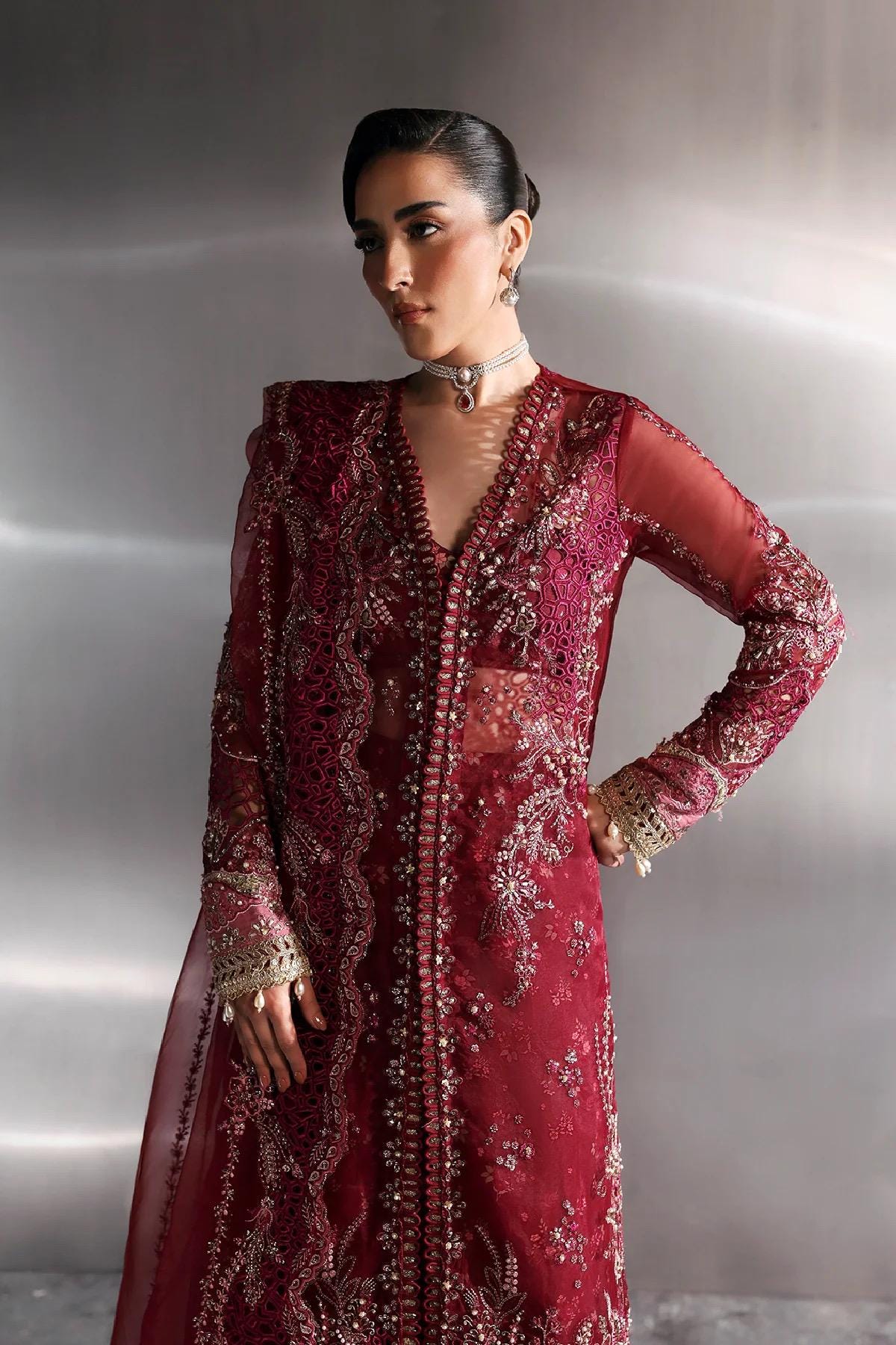 Embroidered Garnet Organza Pakistani Suit: 3-Piece Eid Outfit