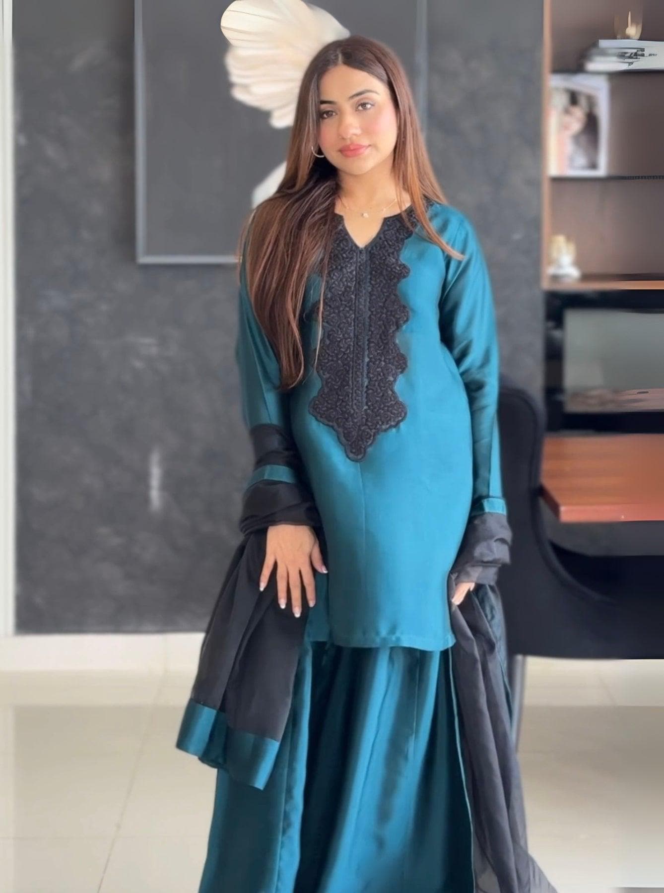 Teal Raw Silk Sharara Suit: Indian Pakistani Wedding Outfit
