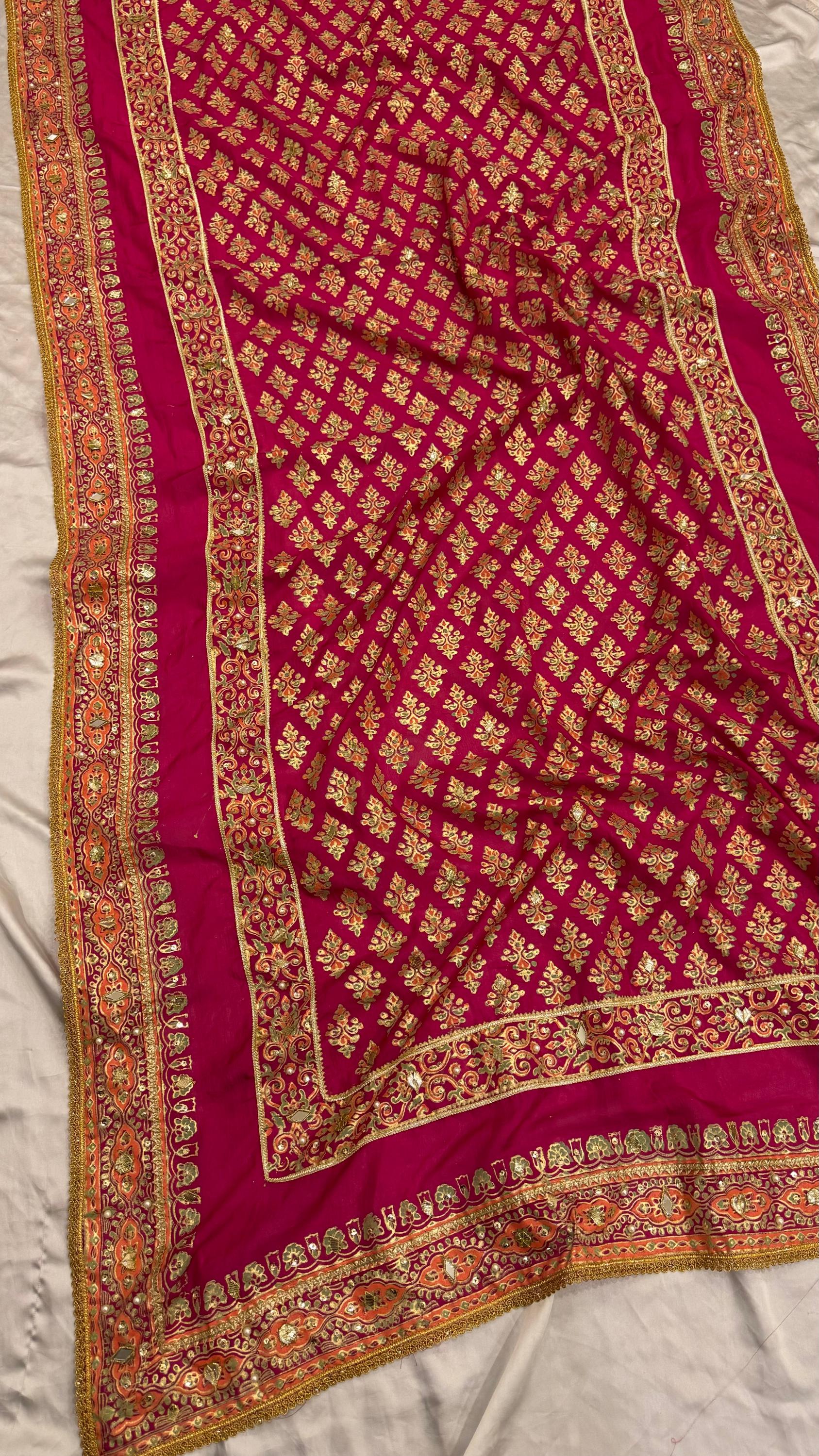 Shocking Pink Silk Dupatta: Indian Wedding Shawl with Gota Details,gotta work duppata,indian duppata,kamdani duppata,silk kamdani duppata,