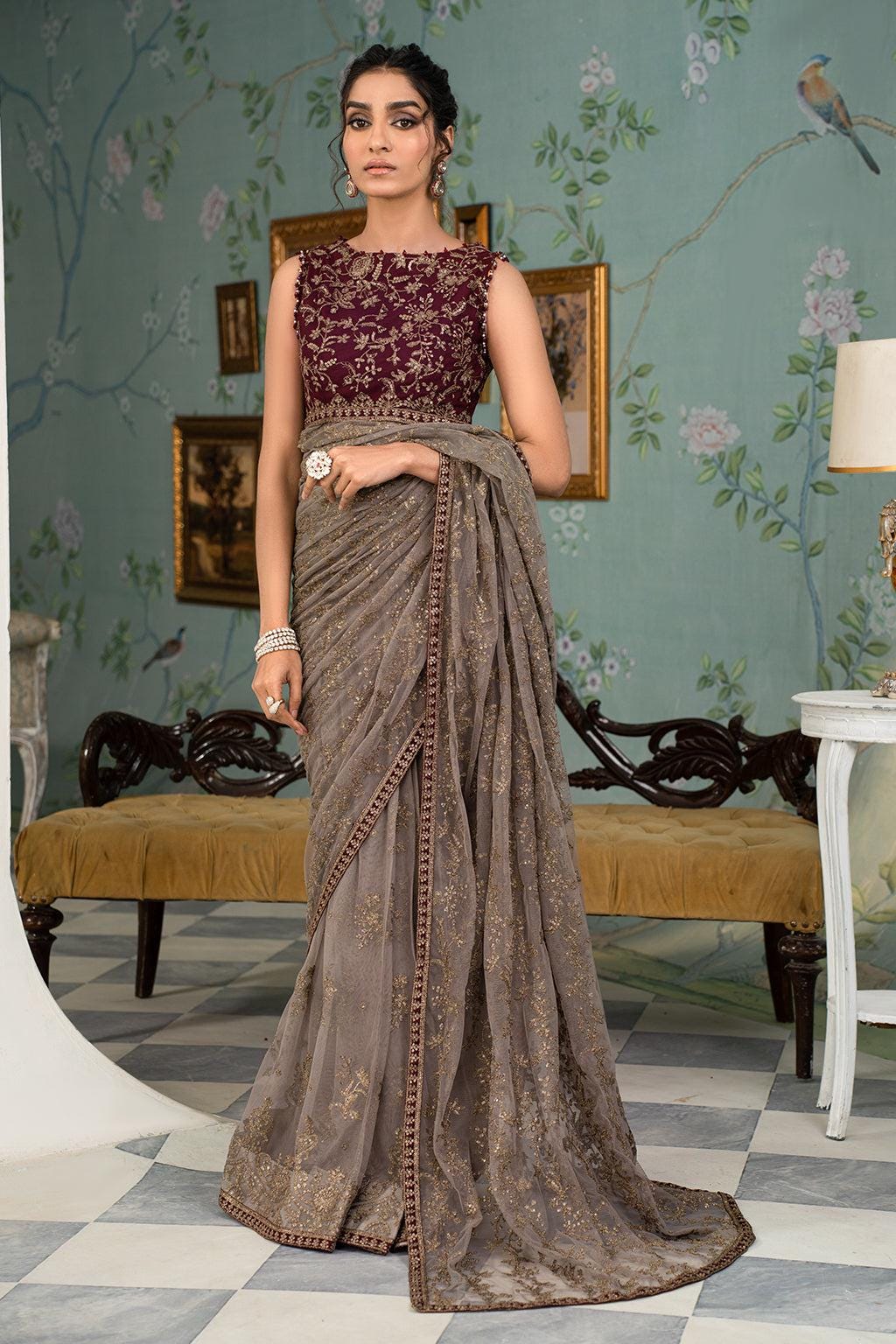 Maroon & Grey Sequin Embroidered Saree with Blouse