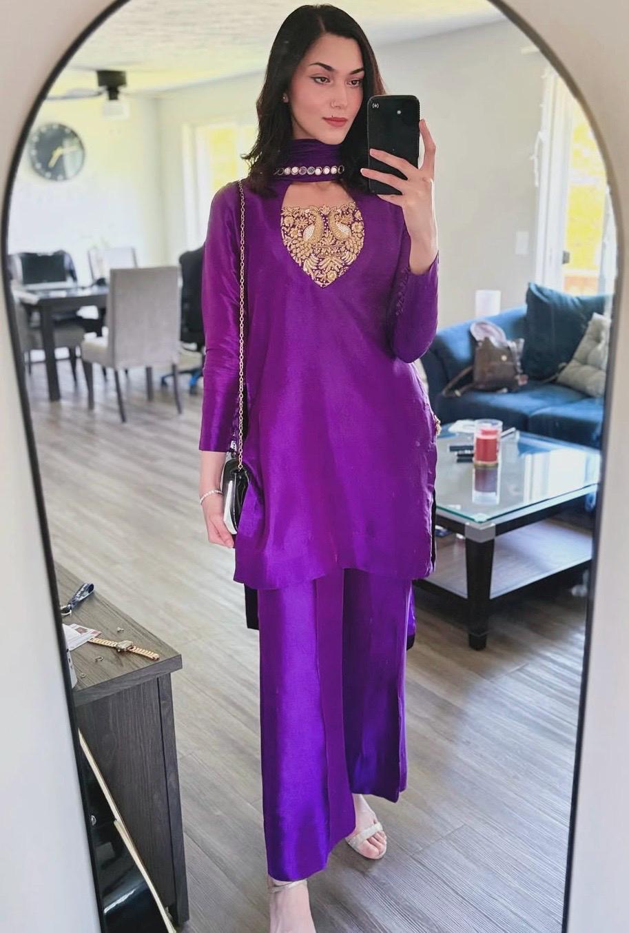 Embroidered Buttersilk Shalwar Qamiz: Magenta Indian Pakistani Outfit