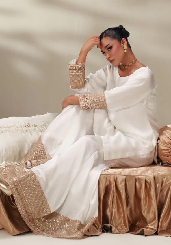 Ivory Silk Gharara Dress, Embroidered Organza Dupatta, Pakistani Wedding