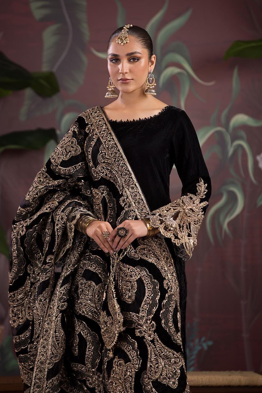 Black Velvet Bridal Shawl, Gold Embroidered Cutwork, Pakistani Designer