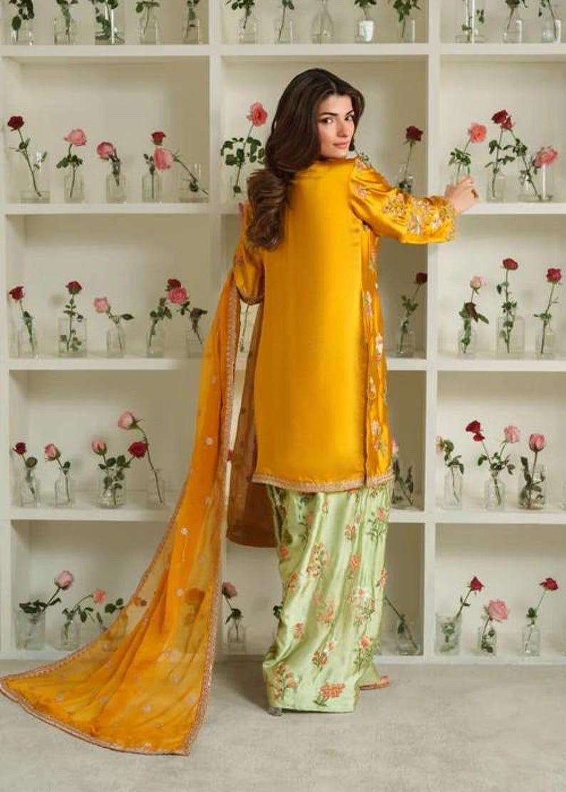 Embroidered Silk Farshi Shalwar Suit, Chiffon Dupatta, Potli Bag