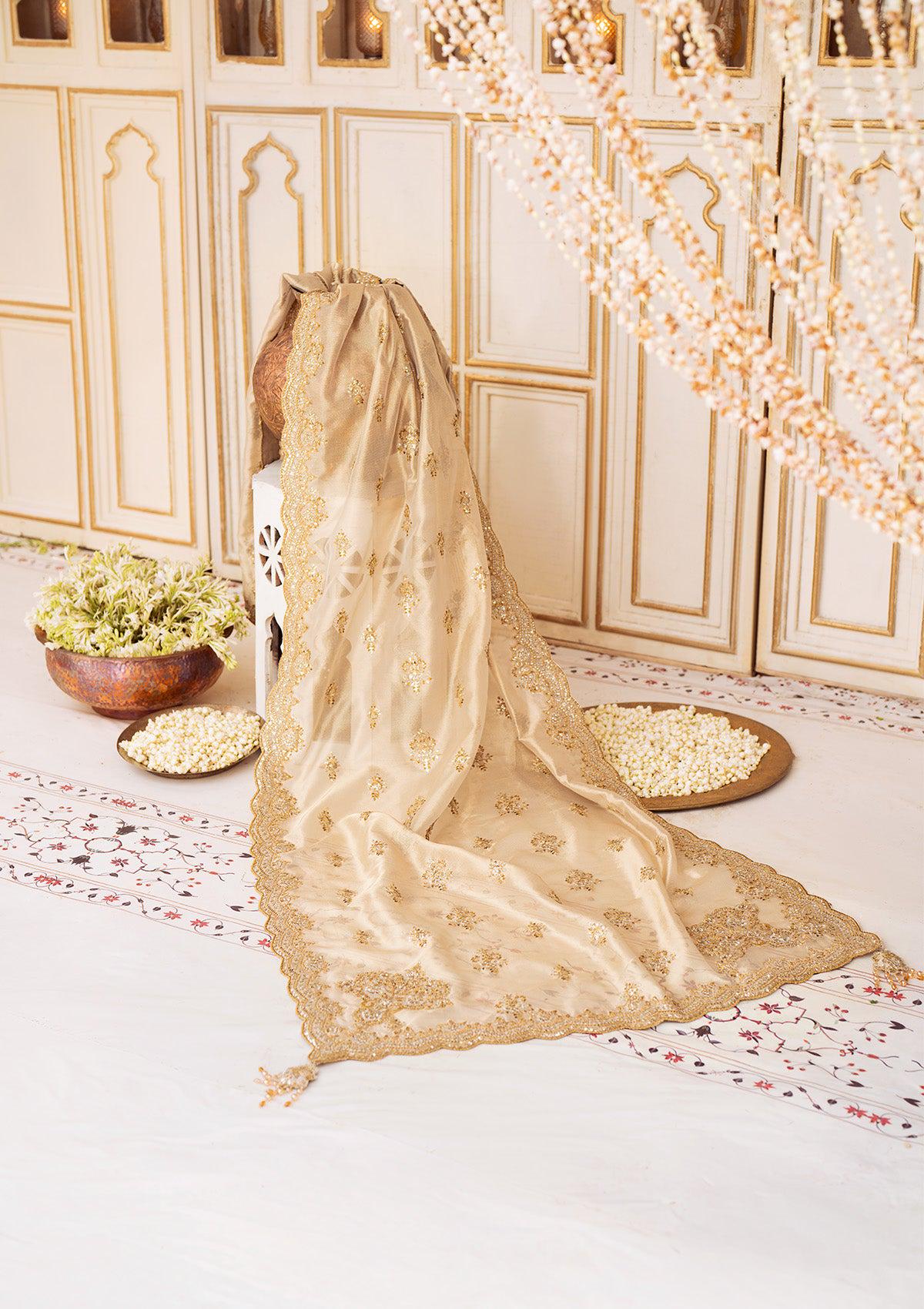 Gold Tissue Bridal Dupatta: Pakistani Nikkah Shawl with Sequin Embroidery