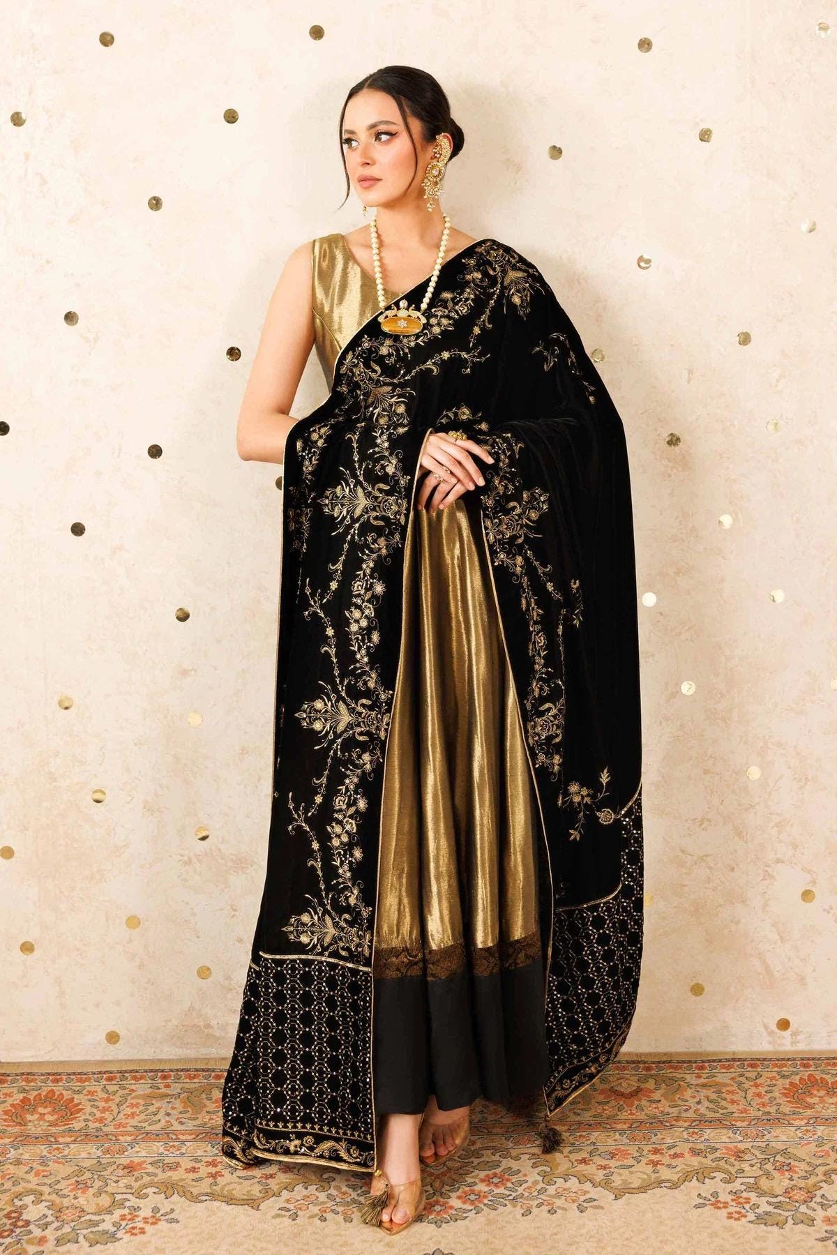 Black Velvet Shawl – Gold Sequins & Tila Embroidery, Formal Occasion