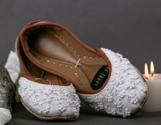 Handmade Pearl Bridal Jutti Flats – White Wedding Shoes