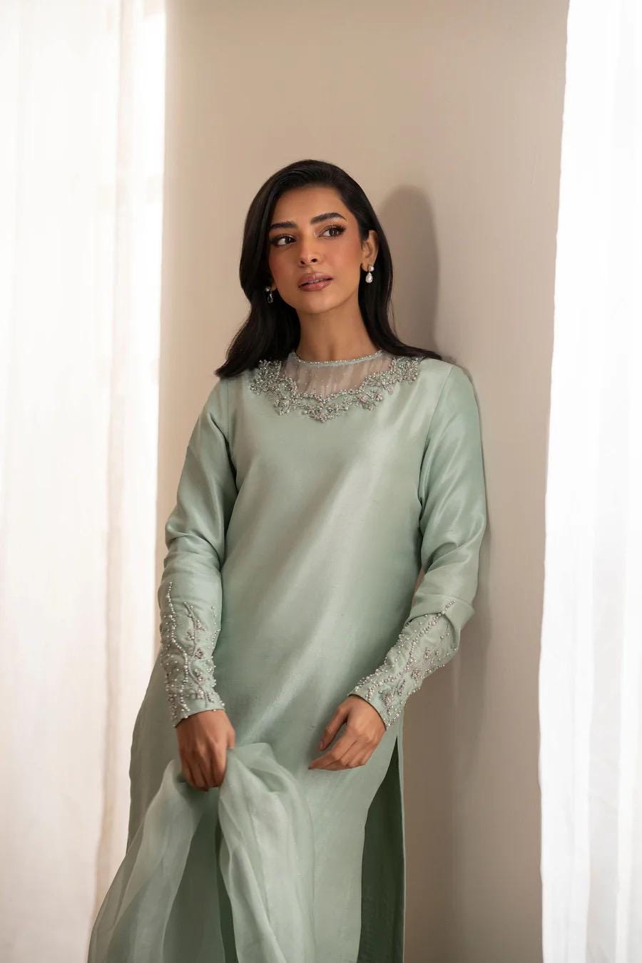 Mint Silk Kameez Shalwar, Pakistani Outfit, 3pc Dress