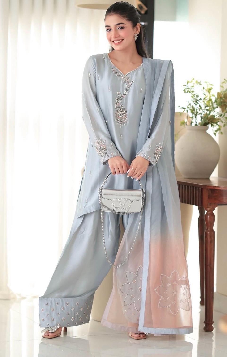 Sky Blue Farshi Shalwar Kameez | Russian Silk Punjabi Suit
