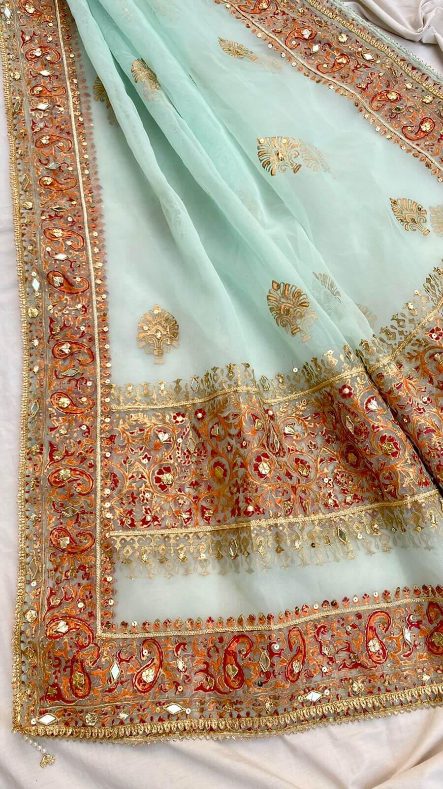 Ice Blue Organza Dupatta: Pakistani Bridal Shawl with Gotta Work