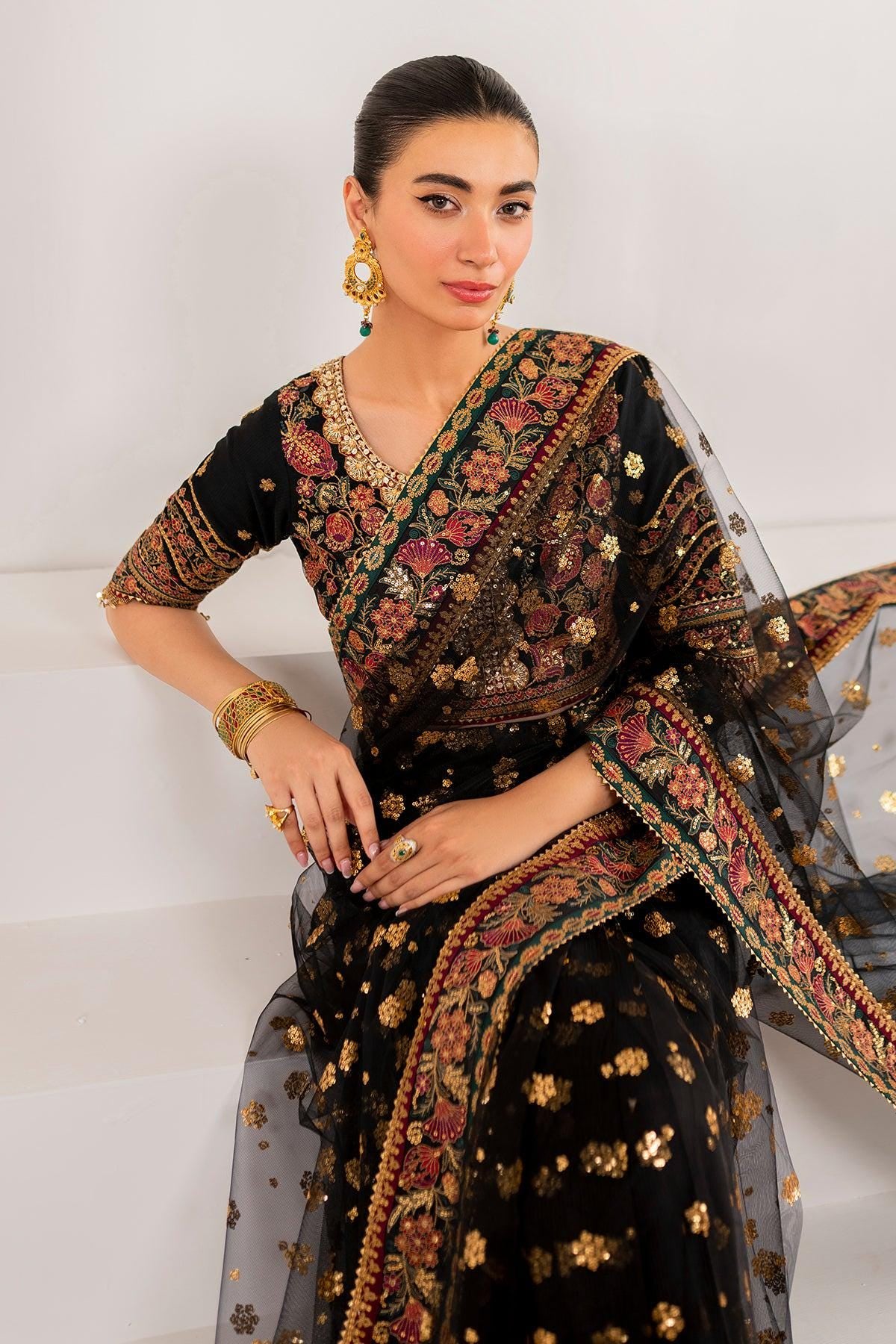 Black Threadwork Embroidered Net Saree, Indian Party Wear