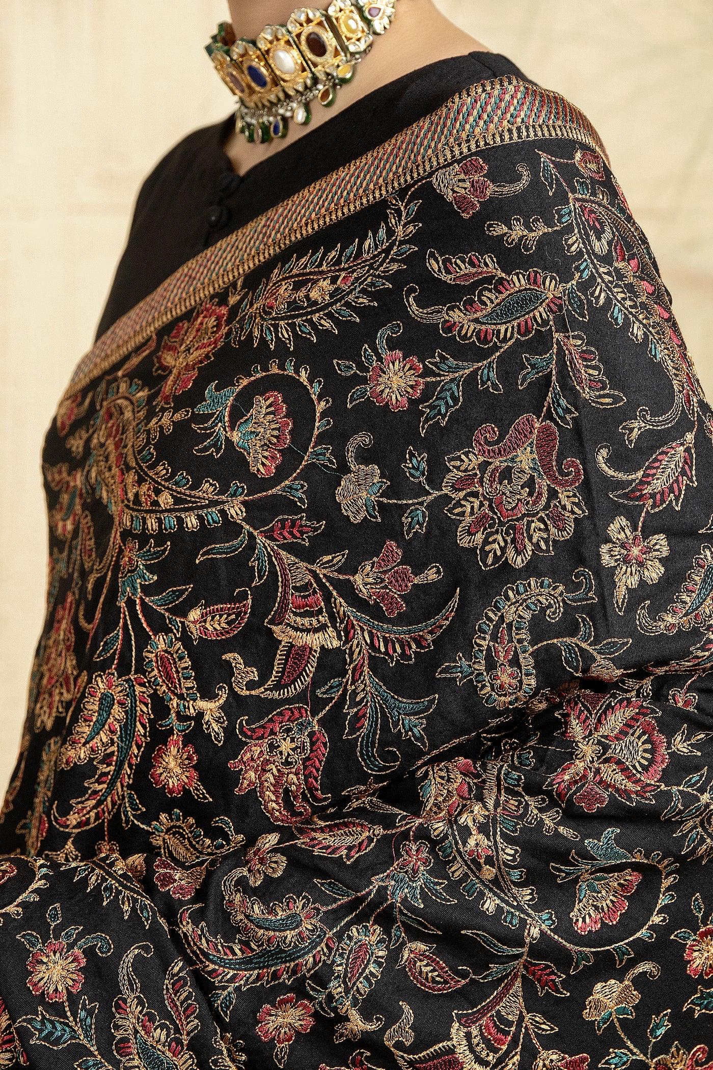 Black Embroidered Karandi Shawl: Kashmiri Thread Work Winter Duppata