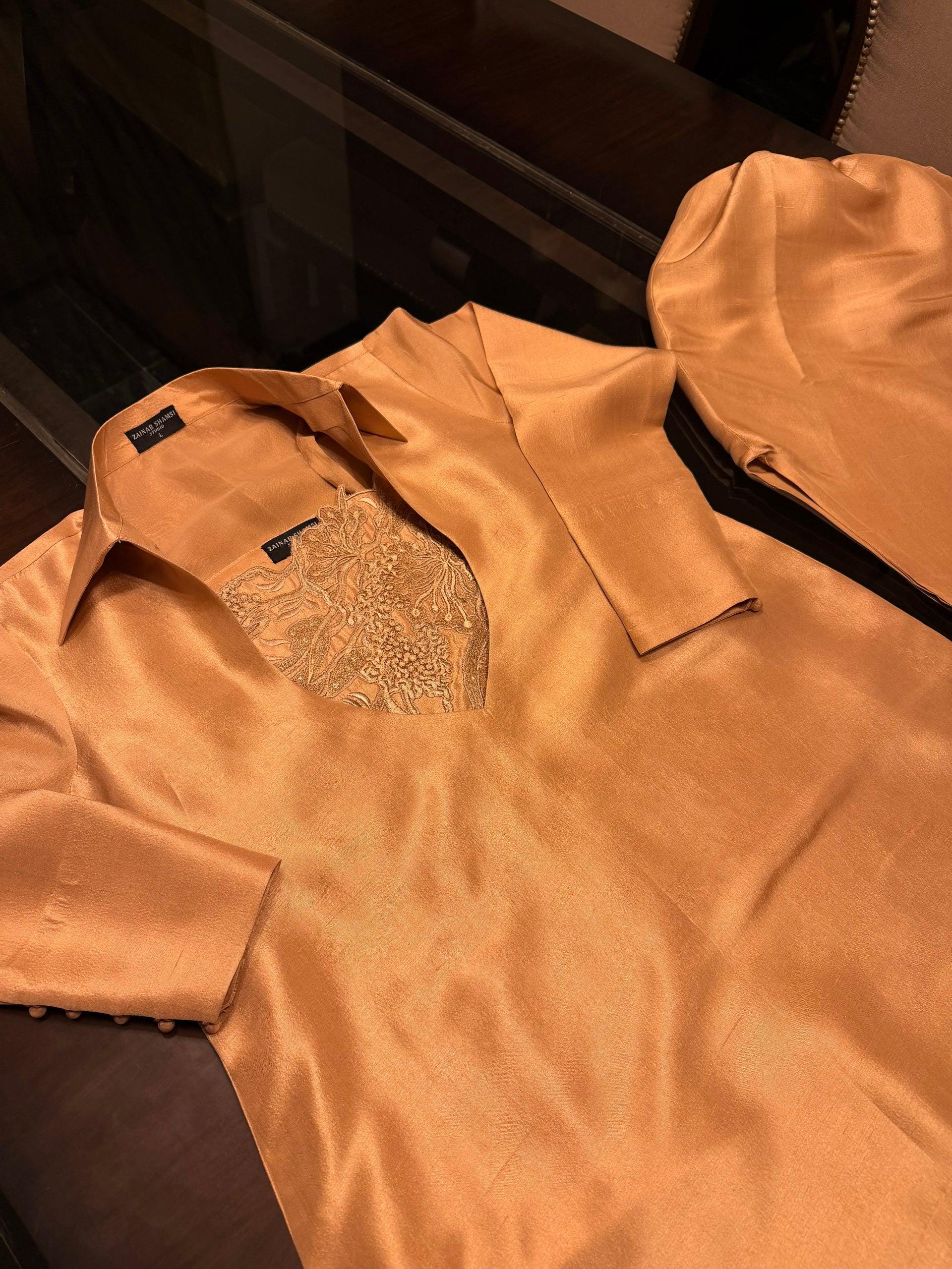 Gold Silk Kameez Shalwar, Pakistani 3pc Embroidered Outfit