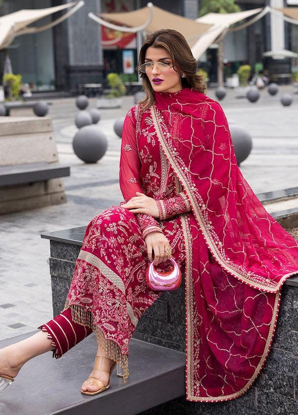 Red Embroidered Chiffon Pakistani Suit, 3 Piece