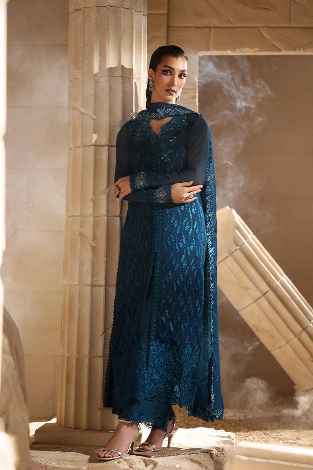 Teal blue  Chiffon Pakistani Bridal Suit: Embroidered Net Dress, long shirt