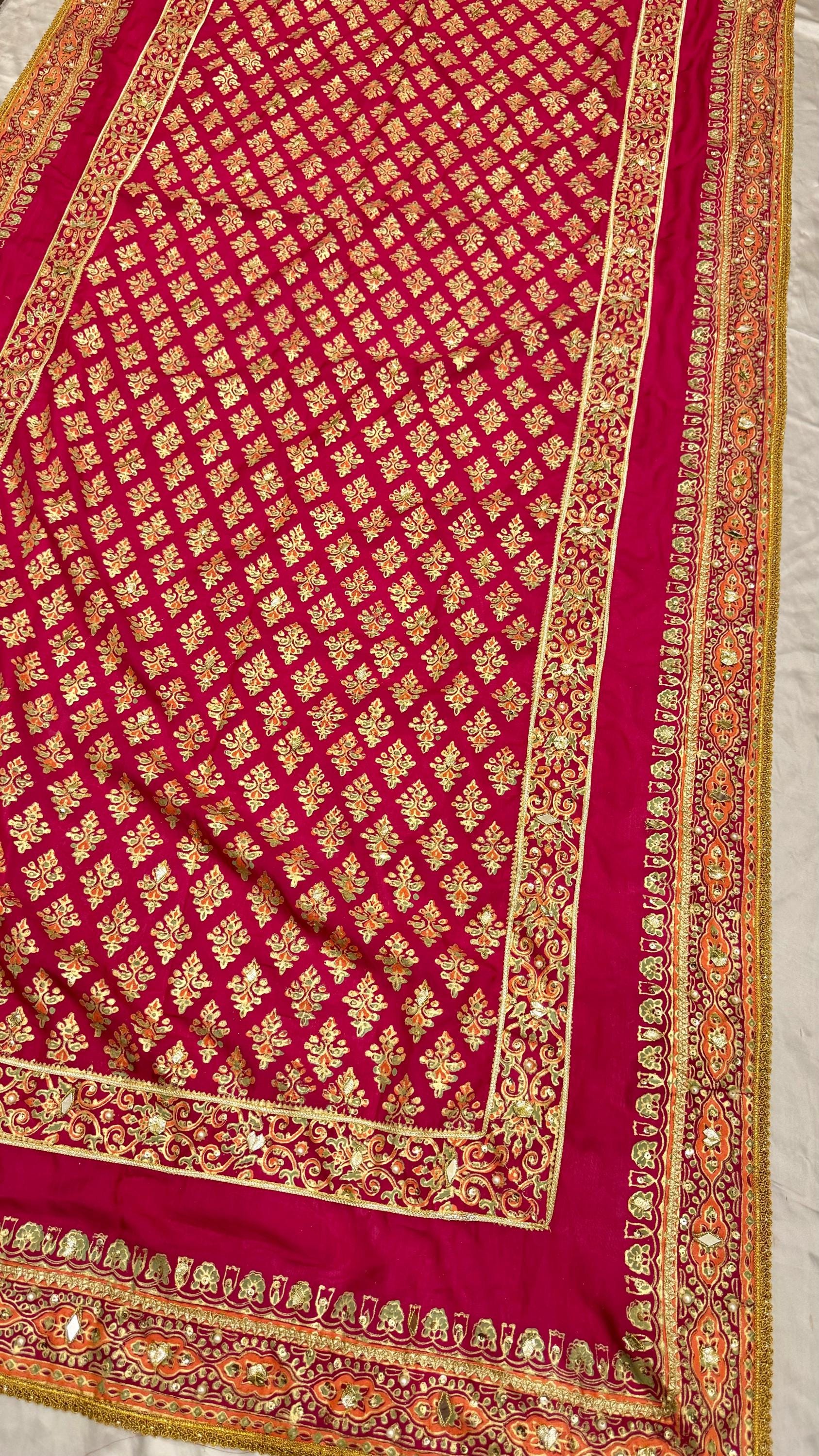 Shocking Pink Silk Dupatta: Indian Wedding Shawl with Gota Details,gotta work duppata,indian duppata,kamdani duppata,silk kamdani duppata,