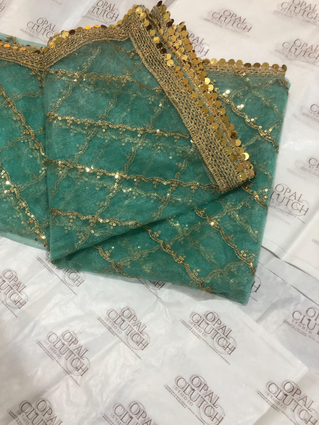 Zari Net Dupatta, Gold, Blue, Green, Engagement Mehndi Wear