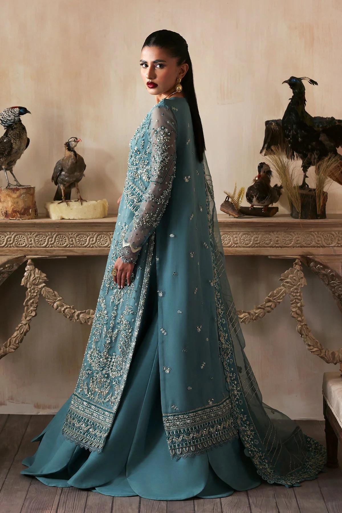 Teal Blue Embroidered Organza Pakistani Suit: 3-Piece Wedding Party Wear