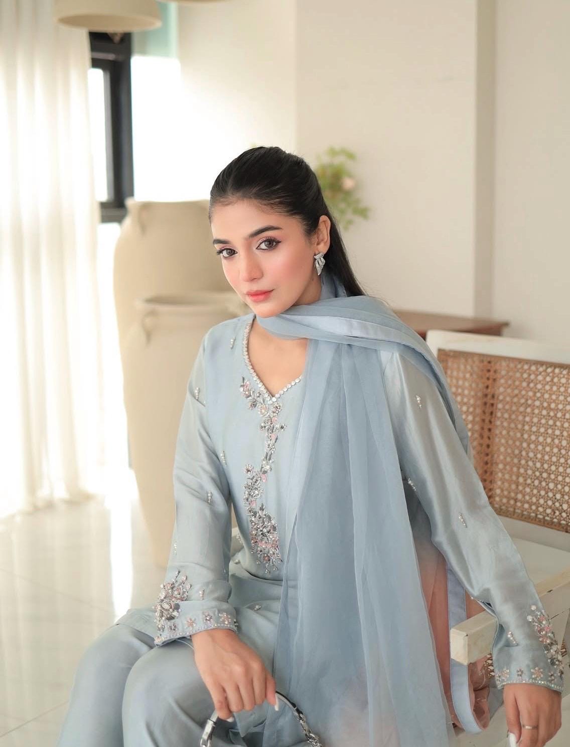 Sky Blue Farshi Shalwar Kameez | Russian Silk Punjabi Suit
