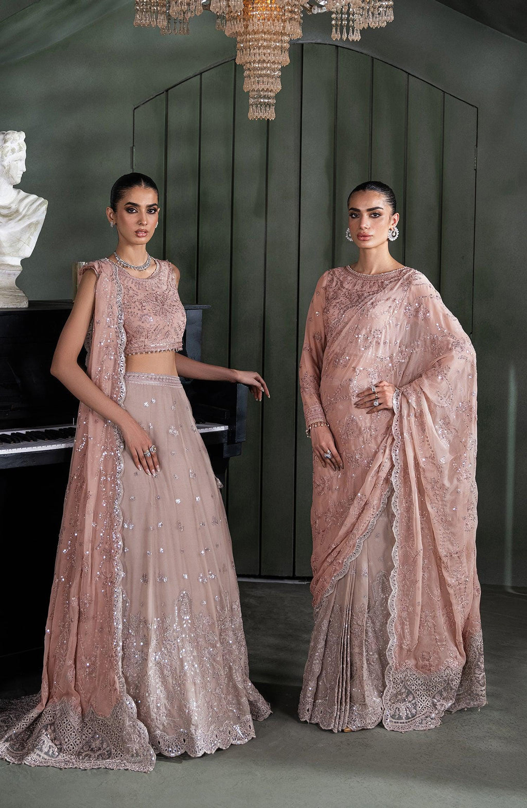 Pink Sequins Embroidered Chiffon Saree, Indian Wedding Wear