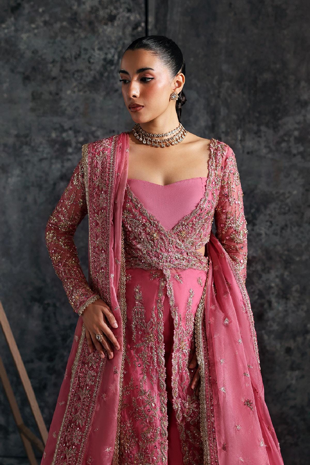 Pink Hand embellished Embroidered long Maxi Dress: Pakistani fancy Lengha