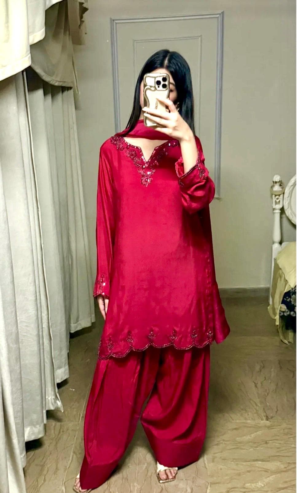 Royal Scarlet Farshi shalwar| 3 pc set |Pakistani Suit Silk Dupatta | Farshi Shalwar 3piece, nikkah, anarkha, shadi wear, eid wear