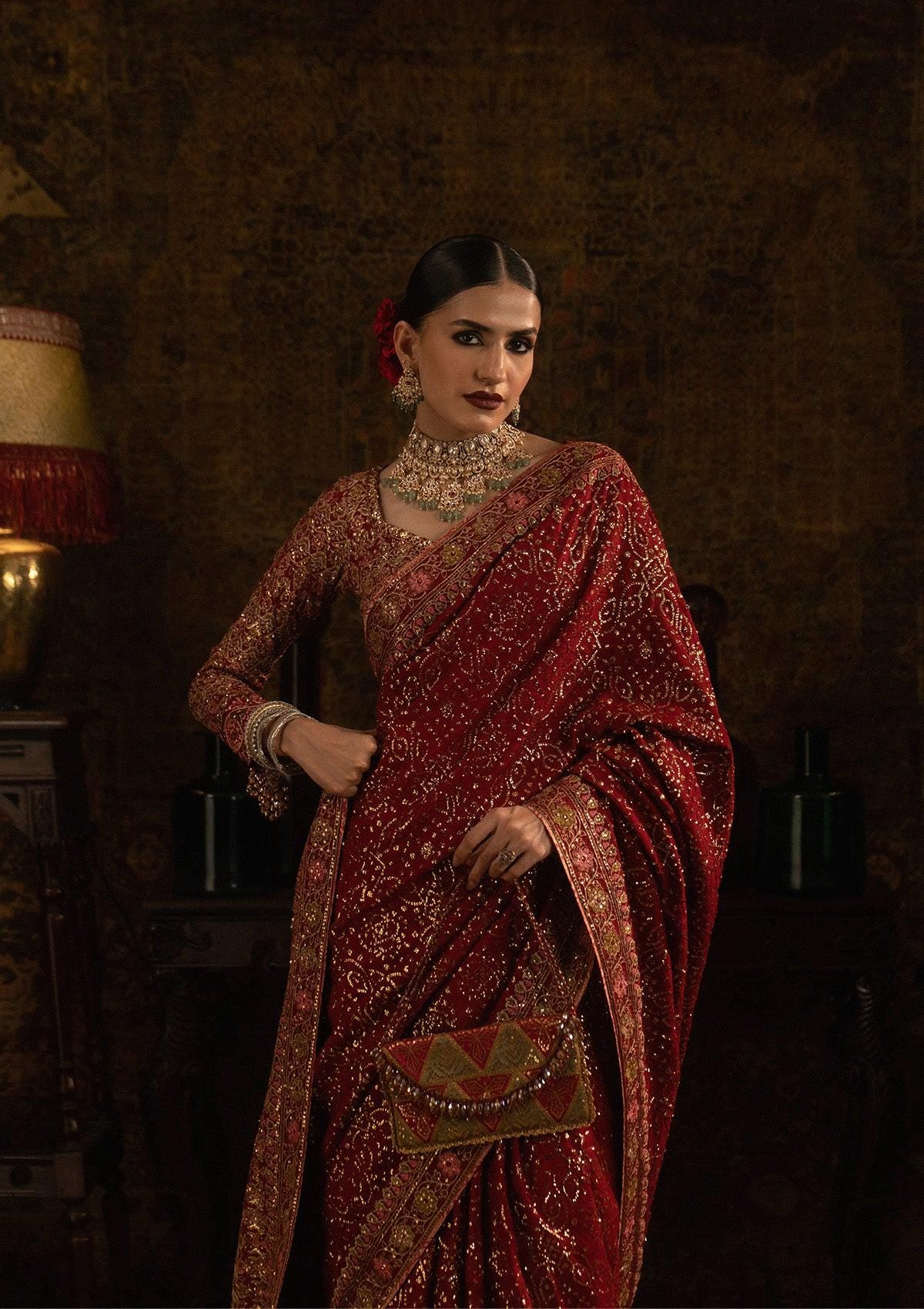 Embroidered Maroon Silk Bridal Saree, Indian Wedding