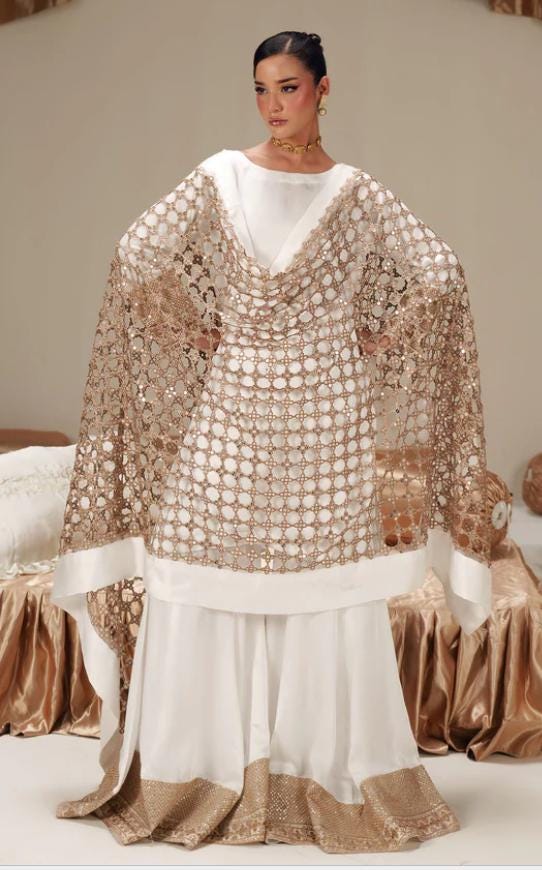 Ivory Silk Gharara Dress, Embroidered Organza Dupatta, Pakistani Wedding