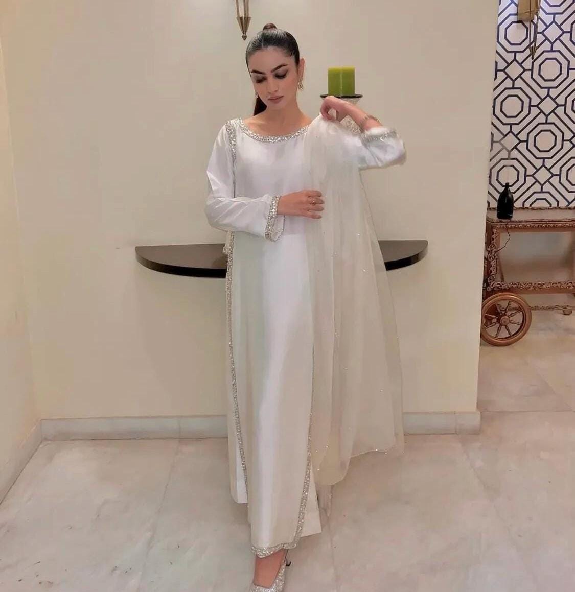 White Beaded Pakistani Dress: Hand Embroidered Silk Suit/pakistani formal dress/white shirt trouser pakostani/modest indian dress/shadi/