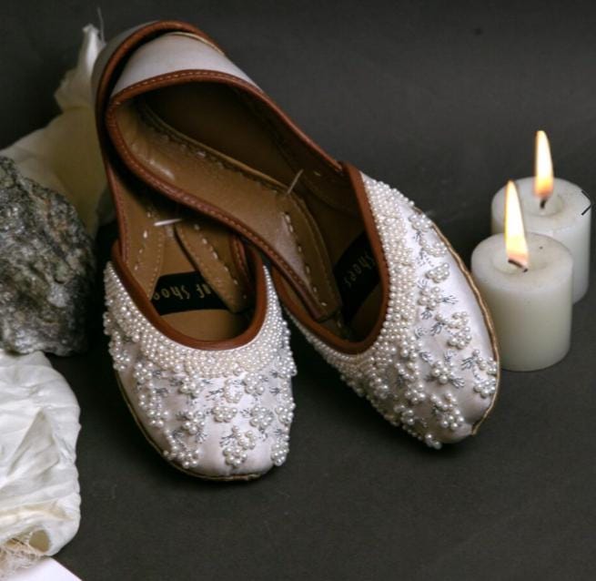 Handmade Pearl Bridal Jutti Flats – White Wedding Shoes