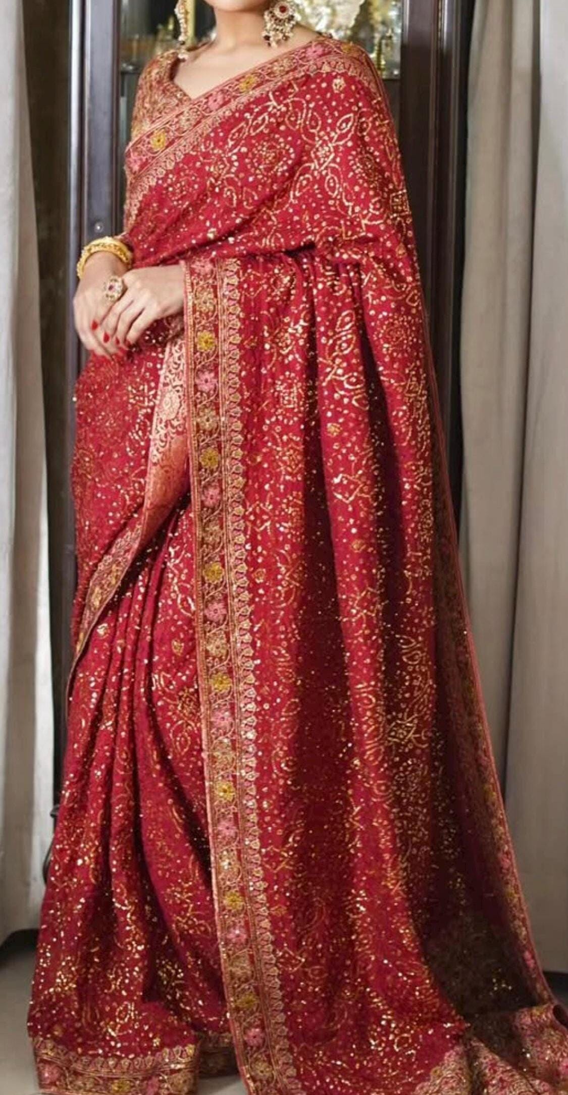 Embroidered Maroon Silk Bridal Saree, Indian Wedding