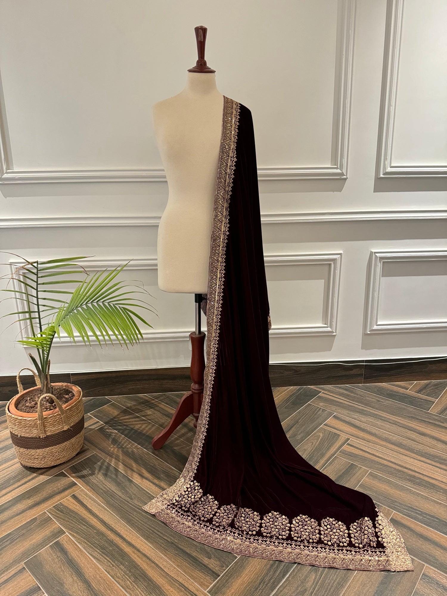 Maroon/black, brown Velvet Bridal Shawl: Embroidered Wedding Duppata