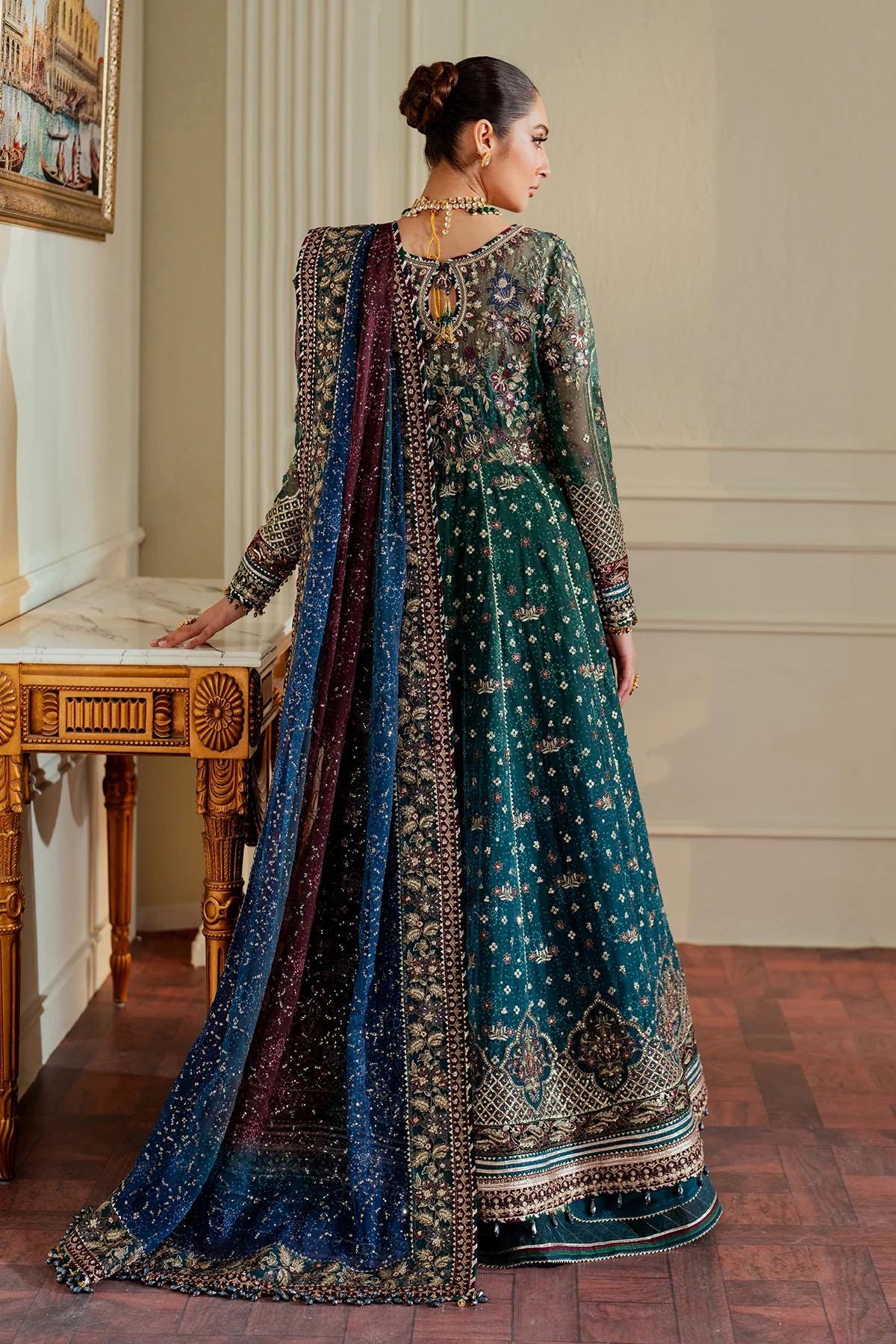 Blue Chiffon Pakistani Gown | Embroidered Dupatta, Silk Trouser