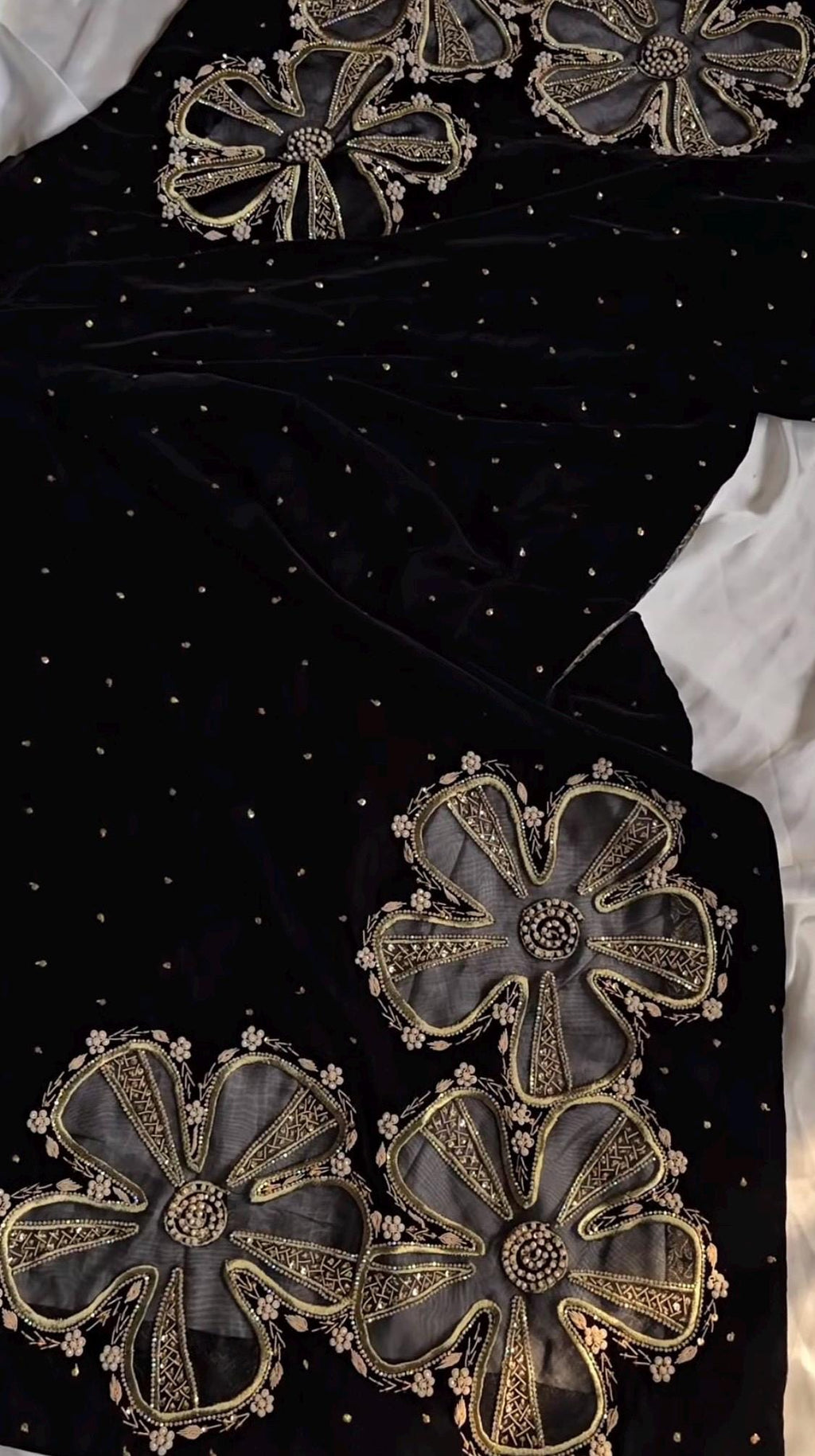 Black Velvet Shawl | Hand-Embroidered Flower & Tila, Formal Wrap