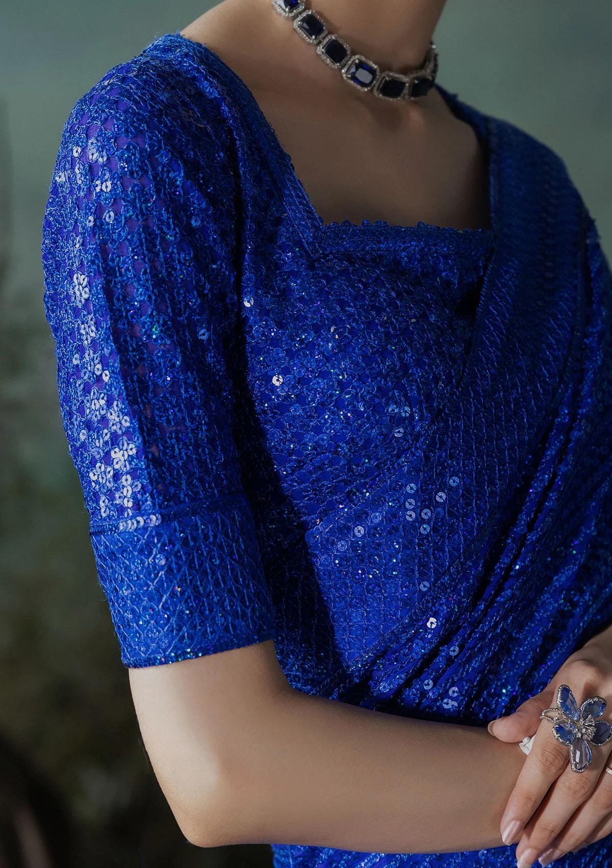 royal blue Sequin Saree with Blouse: Indian Party Wear