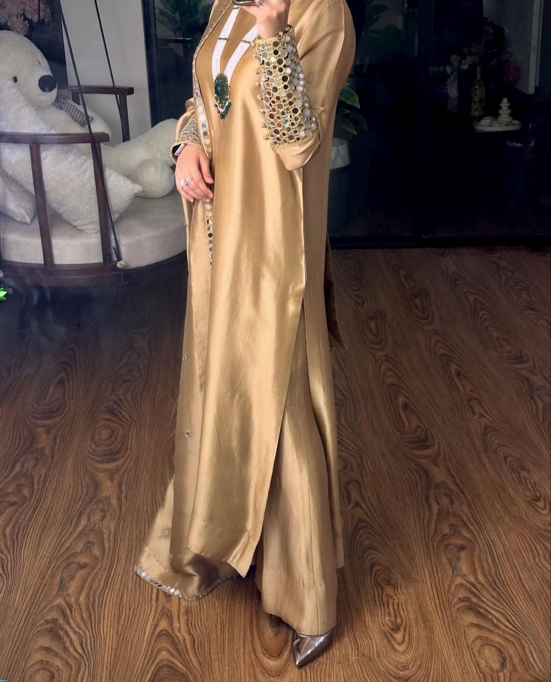 Gold Silk Kameez Shalwar, Pakistani Mirrorwork 3pc Outfit