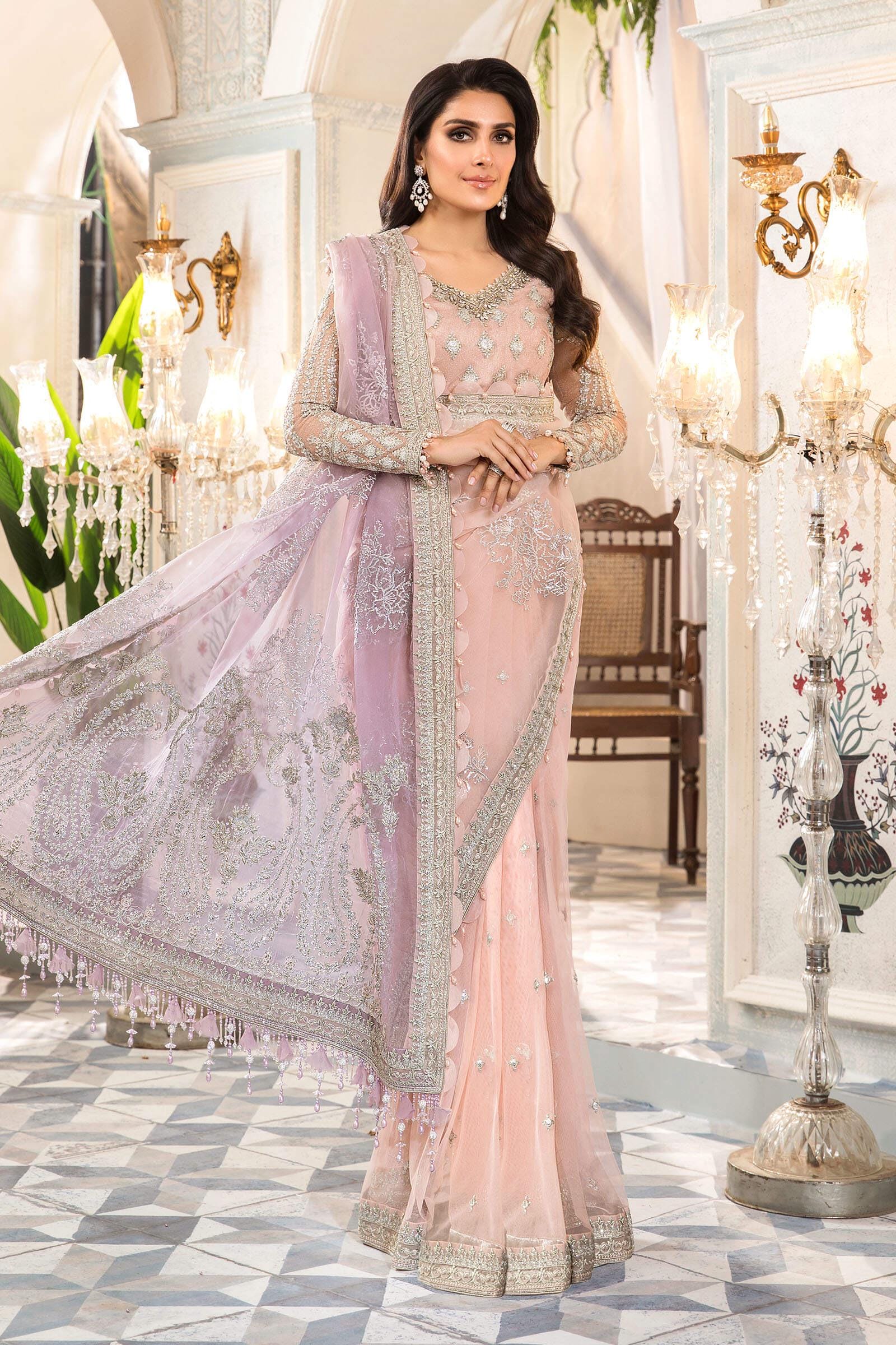 Luxurious Pink Embroidered Net Saree | Pakistani Bridal Reception