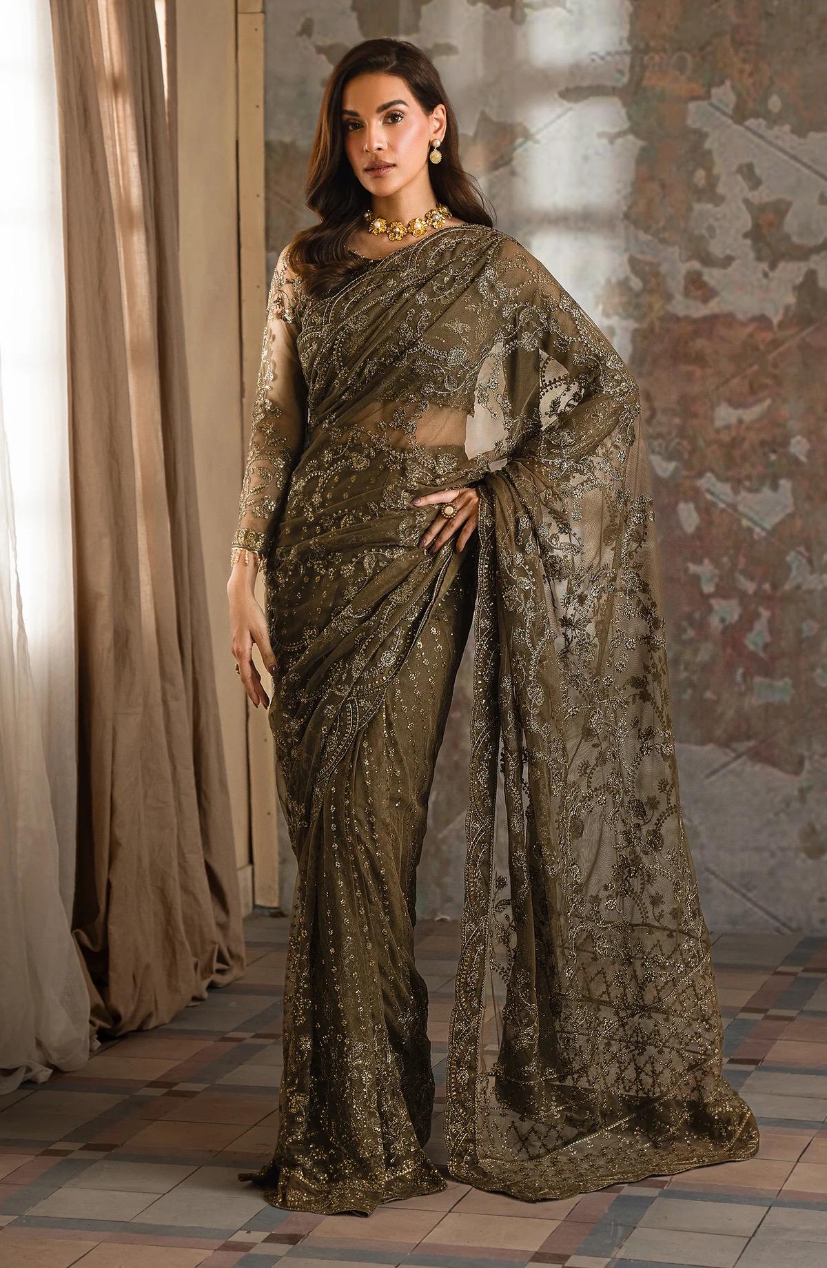 mehndi color Sequin Embroidered lacy Saree, Designer Indian Sari with blouse