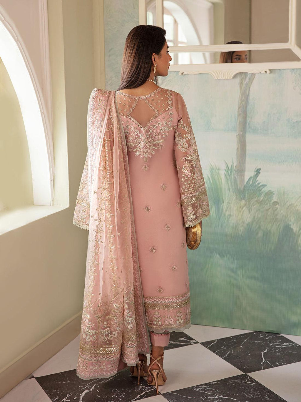 Blush Pink Embroidered Organza Pakistani Dress, Indian Wedding Guest Wear