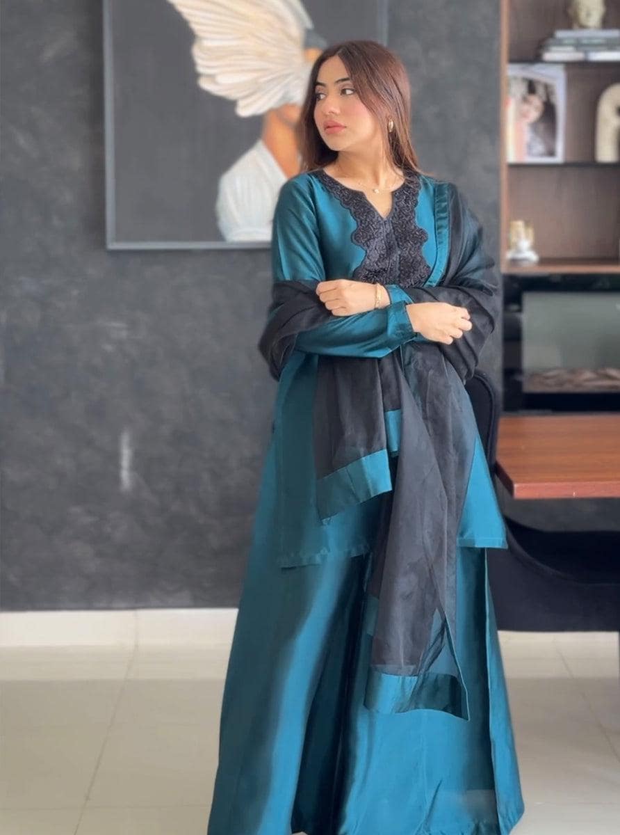 Teal Raw Silk Sharara Suit: Indian Pakistani Wedding Outfit