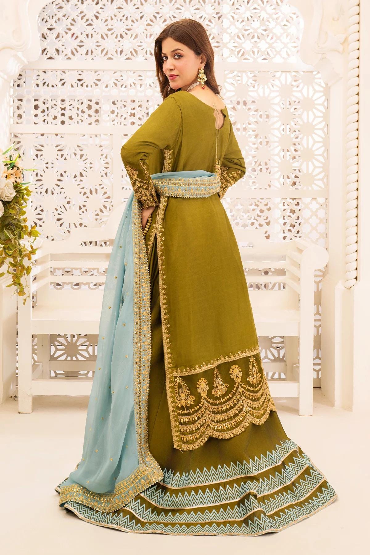 Embroidered Silk Pakistani Dress: Olive Green Lehenga, Chiffon Dupatta
