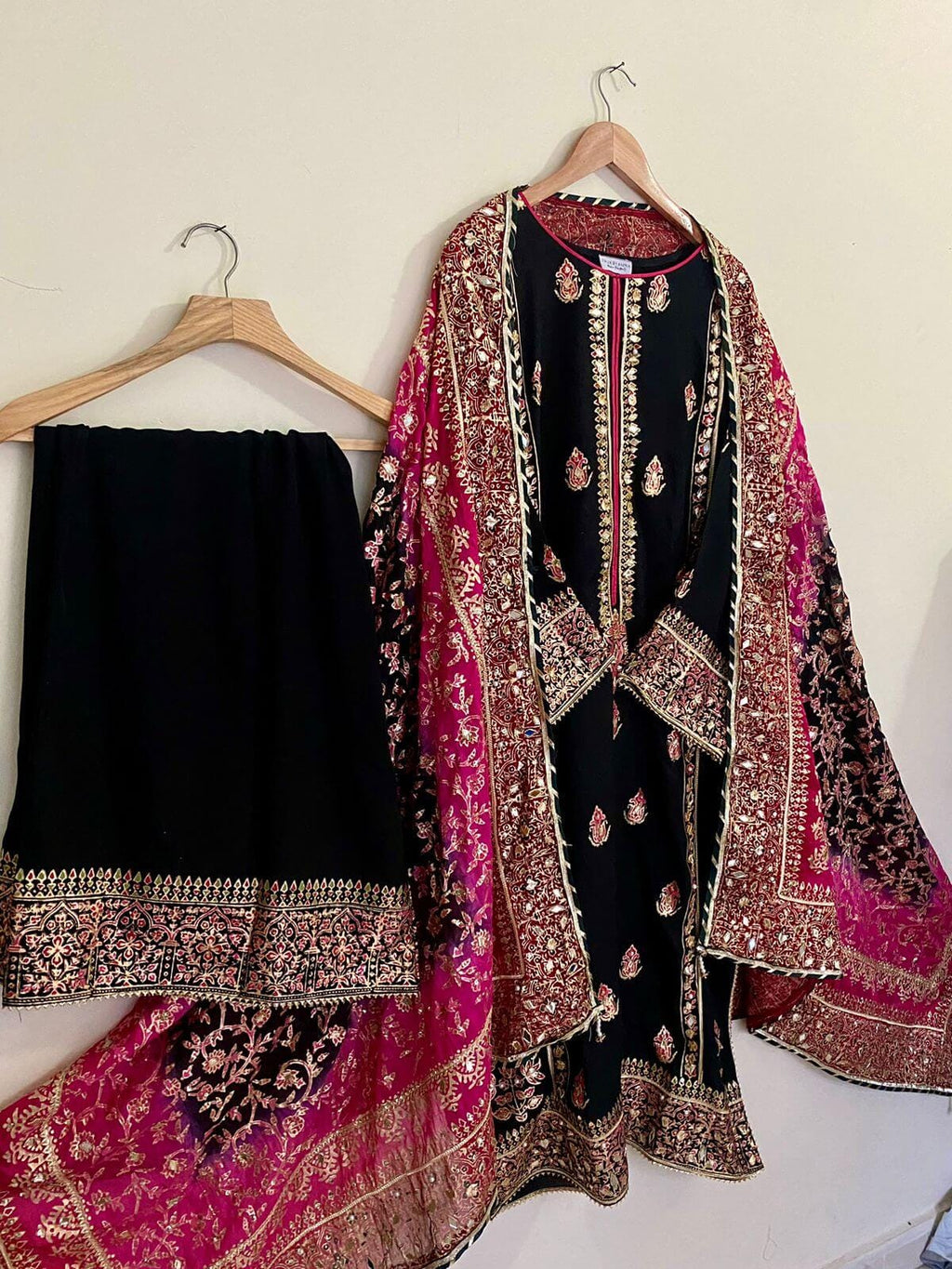 Black Silk Suit with Three-Shaded Chunari Dupatta: Mukesh Work, Golden Border