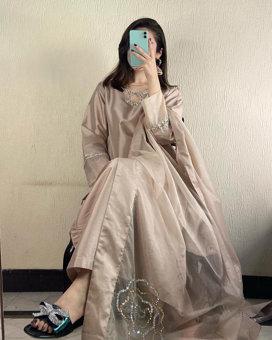 butter Silk Shalwar Suit, beige long shirt , Organza Dupatta