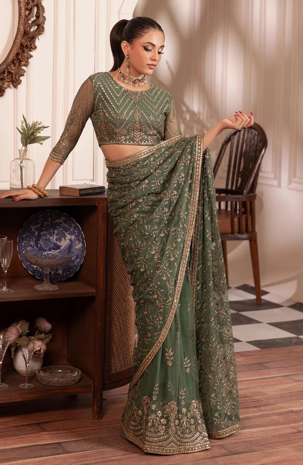 Sage Green Sequin Saree: Indian Party Wear, Matching Blouse