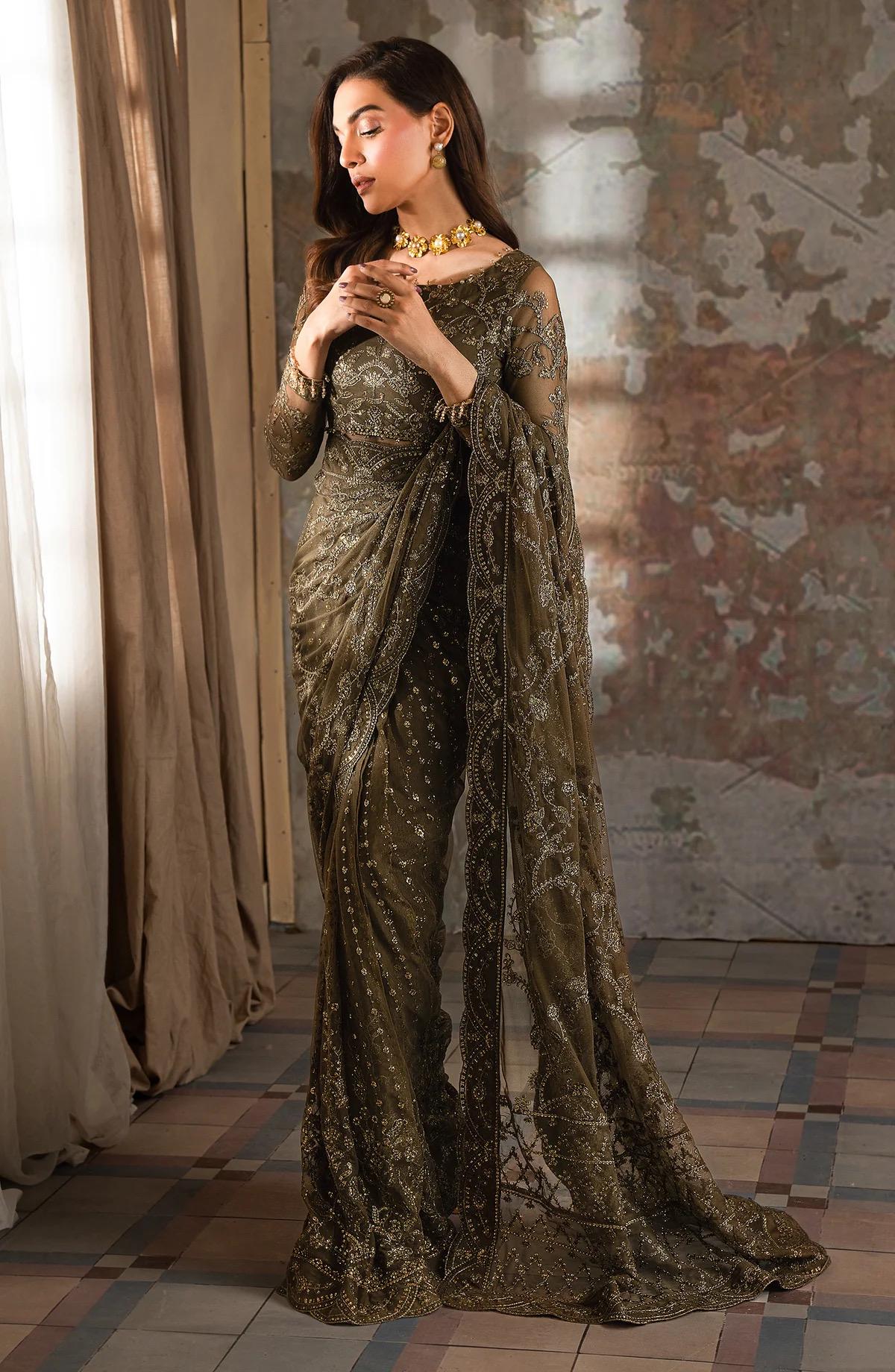 mehndi color Sequin Embroidered lacy Saree, Designer Indian Sari with blouse