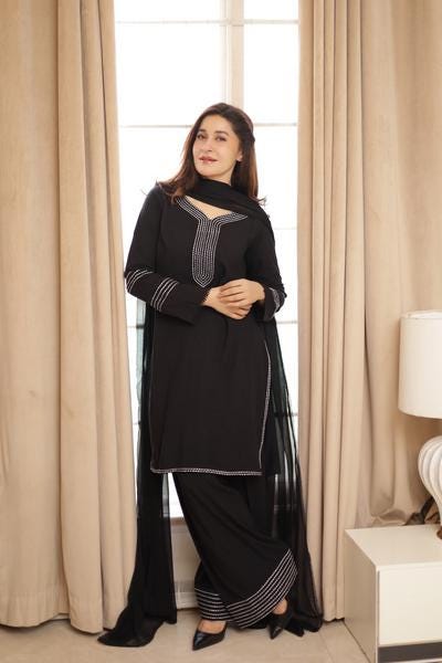 Plain Black light weight Monochrom 3pc stitched black kurti and flared trouserFree shipping