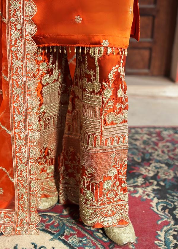 Embroidered Silk Shalwar Kameez: Pumpkin Orange Indian Party Outfit, 3pc punjabi suit women dress