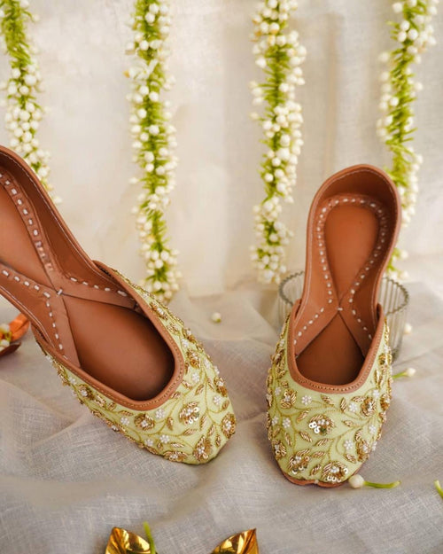 Bridal Khussa Flats: Mint Green & Gold Jutti, Handcrafted Pakistani Wedding Shoes